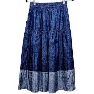 Tiered Denim Maxi Skirt Elastic Waist Two-Tone Contrast Hem Lightweight